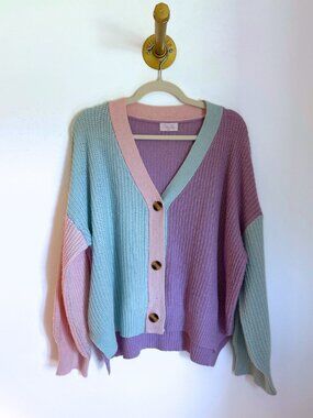 Pink Lily XL Colorblock Cardigan 💕 | Pastel Oversized Cozy Knit Sweater